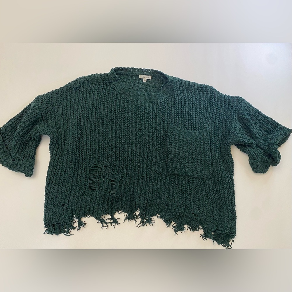 Green Ripped Raw Hem Chunky Pullover Sweater